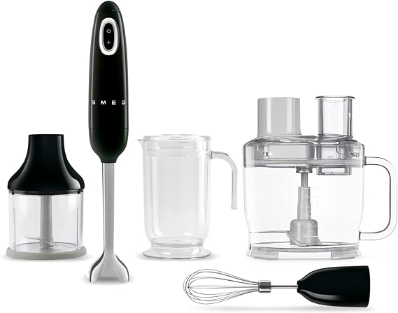 SMEG Hand Blender & Food Processor Bundle HBF03 with HBFP11 Attachment Retro Style, 350W Motor, Variable Speed, TritanTM Renew Bowl, 5-in-1 Functionality, Black