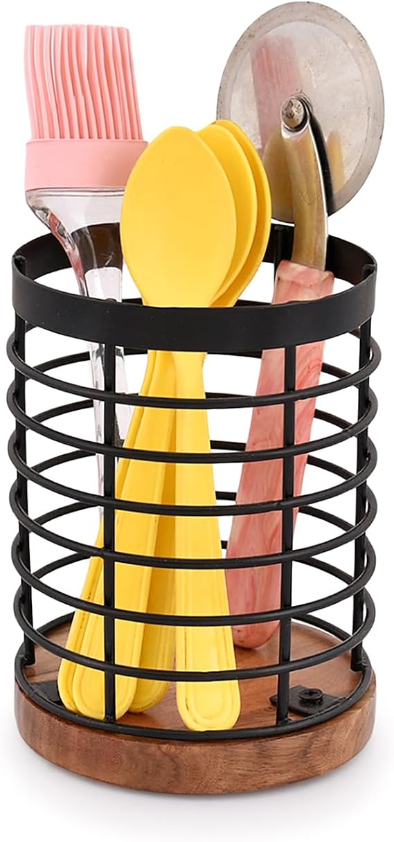 EDHAS Black Iron Kitchen Utensil Holder with Acacia Wooden Base Round Flatware Storage for Countertop (11.43cm x 11.43cm x 15.24cm)