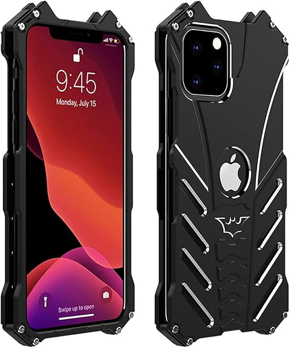 DAYJOY Bat Style Metal Case Compatible with iPhone 12 Pro Max, Anti-Fall Shockproof Military Grade Armor Bumper Heavy Duty Aluminum Alloy Protective Tough Bumper Frame Cover with Kickstand Black