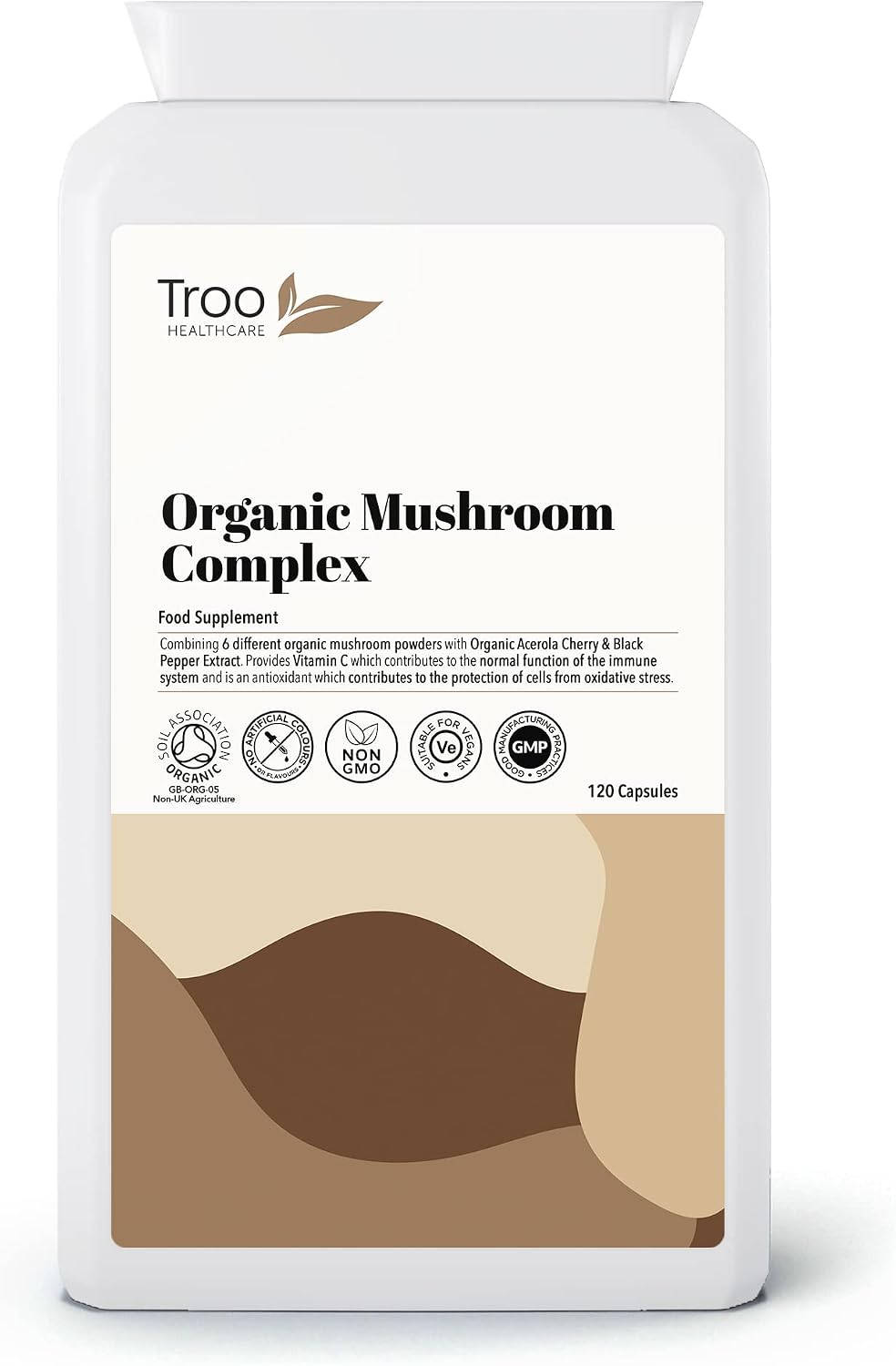 Organic Mushroom Complex 120 Capsules - 6 Shrooms with Organic Acerola, Turmeric & Black Pepper - Maitake, Reishi, Shiitake, Chaga, Cordyceps, Lion's Mane - Soil Association Certified