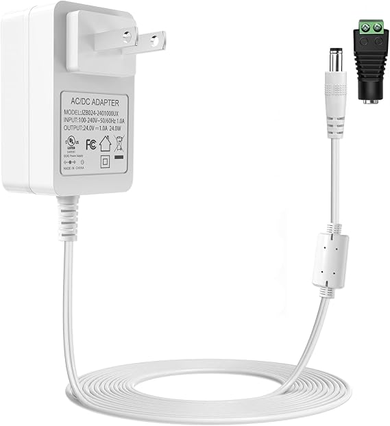 24V 1A Power Supply Adapter, DC24V Power Cord White, AC 100-240V.
