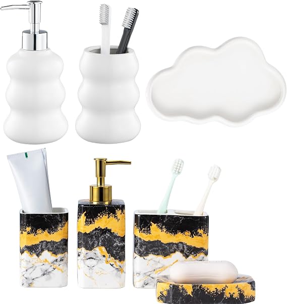 4 Piece Marble Bathroom Accessories Set, 3-Piece White Ceramic Bathroom Accessories Set - Bring Nature to Your Bath