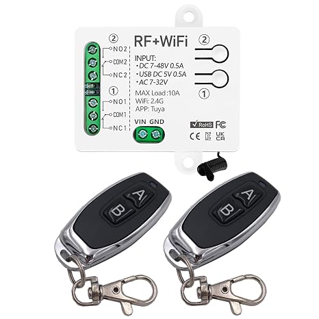 DieseRC Tuya 2 Channels WIFI Smart Switch, DC 5V 12V 24V 36V Passive Output Relay Module, with 2 pcs RF Remote Control, Compatible with Alexa/Google Home