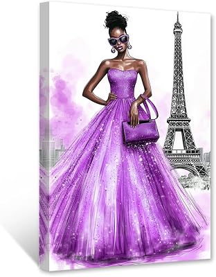 PBXBJY African American Wall Art Fashion Black Girl Canvas Paris Girl Print Purple Woman with Eiffel Tower Pictures Abstract Female Office Bedroom Decor Framed 12.00 x 18.00