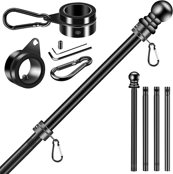 Black Flag Pole for Outside House Porch Wall & All-Metal Spinning Ring Clip