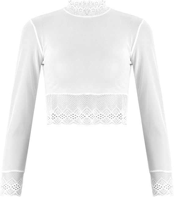 Women Sheer Mesh Long Sleeve Crop Top Lace Trim See Through Tee Shirt Blouse