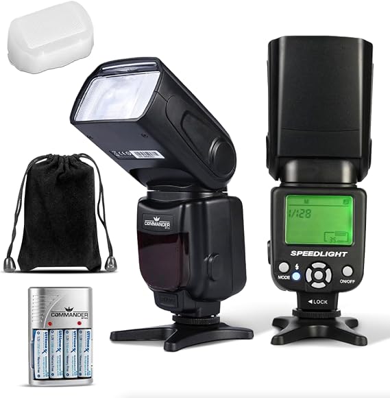 Commander Optics E-TTL Flash Speedlite Bounce/Swivel LED Backlit with 4 Rechargeable AA Batteries for Canon Rebel T7, SL3, 4000D, 850D, 80D, 90D, R, RP, R5, R6, R8, 6D Mark II, 5D Mark IV & More