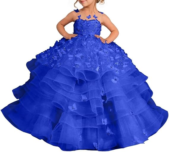 Flower Girl Dress Tulle Butterfly Appliques Pageant Dresses Layered Girls Ball Gown First Communion Dress for Girls