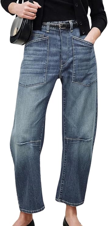 yoeasy Womens Baggy Barrel Jeans Mid Rise Wide Leg Vintage Denim Ankle Pants Boyfriend Jeans with Pockets