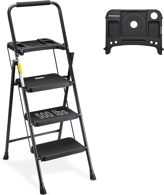 HBTower 3 Step Ladder,Step Stools with Tool Platform, 500lbs Capacity