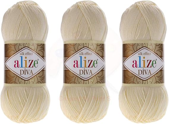 Alize Diva Yarn 100% Microfiber Acrylic Yarn, Cream, 3 Skeins, 400gr, 1314yds, Silk Effect, Crochet, Knitting, Art, Lace, Craft