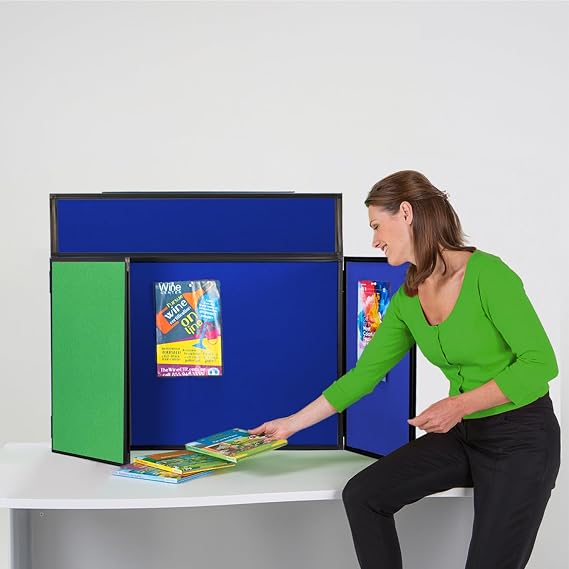 Exhibition Display Panel Kit with a Clip on Header | Double-Sided Quince Green/Royal Blue with Black PVC Frame | (Landscape) -Ideal for Table or Desk top displays | Great for Healthcare & Education
