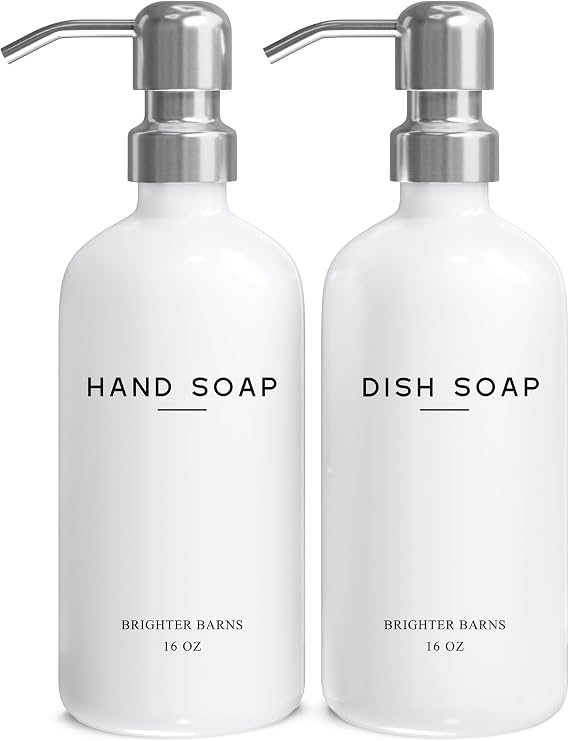 White Glass Soap Dispenser Set by Brighter Barns - Hand and Dish Soap Dispenser for Kitchen Sink - Kitchen Soap Dispenser Set & Pump - Farmhouse Kitchen Decor, Bathroom Decor & Accessories (White)