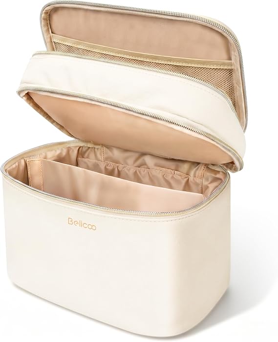 Women's Cosmetic Bag Toiletry Bag Large Double Layer Makeup Bag with Mirror Removable Divider & Brush Compartment Waterproof PU Leather Make Up Bag for Travel Toiletries Accessory White Abnehmbarem Trenner & Pinselfach Wasserdichtes PU-Leder Make Up Tasche für Reise-Toilettenartikel-Accessoire (Weiß)