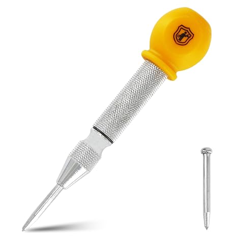 MulWark 5" Spring-Loaded Automatic Steel Center Hole Punch Marker Scriber for Wood, Metal, Plastic, Car Window Puncher Breaker Tool-with Palm Cushion Cap, Adjustable Impact-A Replacement Tip Included