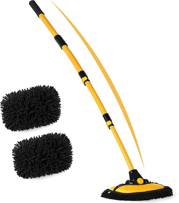 Koksi Car Wash Brush with Long Telescopic Handle 115cm Curved Chenille Microfiber Mop Head, Scratch-Free Car Cleaning Brush Kit with 2 Wash Mitt Heads for SUV Van Truck Caravan Boat RV & Windows | Premium 43" Telescopic Car Wash Brush Kit SUV, van, caravan, truck, boat, solar panels