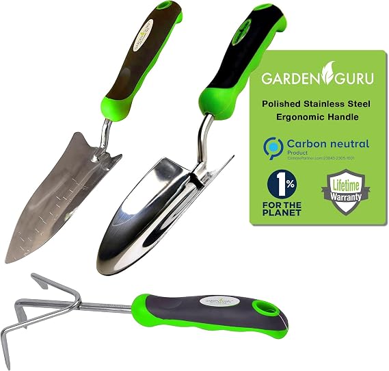Garden Guru Garden Tool Set 3pc Hand Trowel Transplanter Cultivator Heavy Duty Rust Resistant Stainless Steel - Ergonomic Comfort Grip Handle Perfect Gardening Tool Kit Gifts for Women & Men