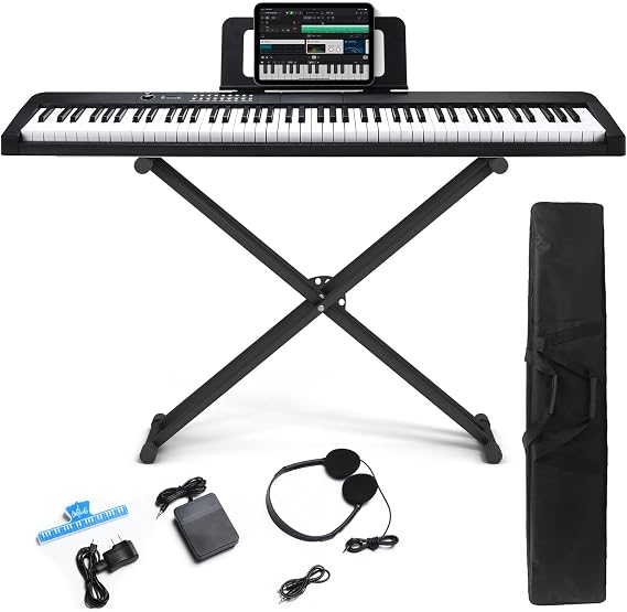 88 Key Digital Piano, Electric Piano Keyboard with Semi Weighted Keys, Keyboard Piano with Sustain Pedal, Power Adapter, Stand, Carrying Case, Headphones, USB-MIDI Compatibility, for Beginner Adults