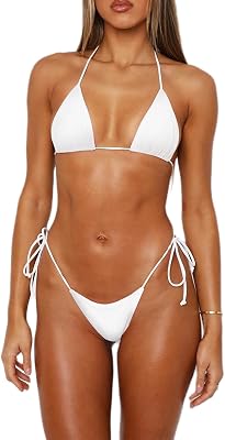Alyweatry Women 2 Pieces Bikini Swimsuit Spaghetti Strap Top Tie Side Triangle G-Thong Bathing Suit Swimwear