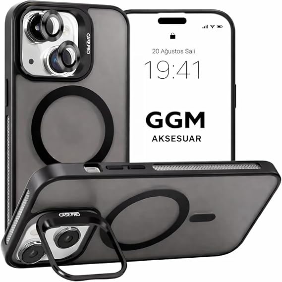 GGM GİYİM & AKSESUAR MagSafe ile Uyumlu Kamera Lens Hediyeli Mat Şeffaf PC Telefon Kılıfı – Manyetik Standlı, Darbe Emici (Siyah, iPhone 17)