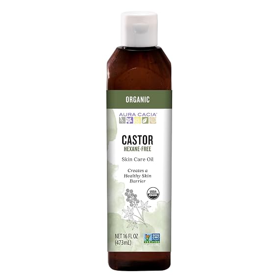 Aura Cacia Organic Castor Oil, Pure Ricinus Communis Oil, For Skincare, Hair Care, Massage, Carrier Oil | 16 Fl Oz (Pack of 1)