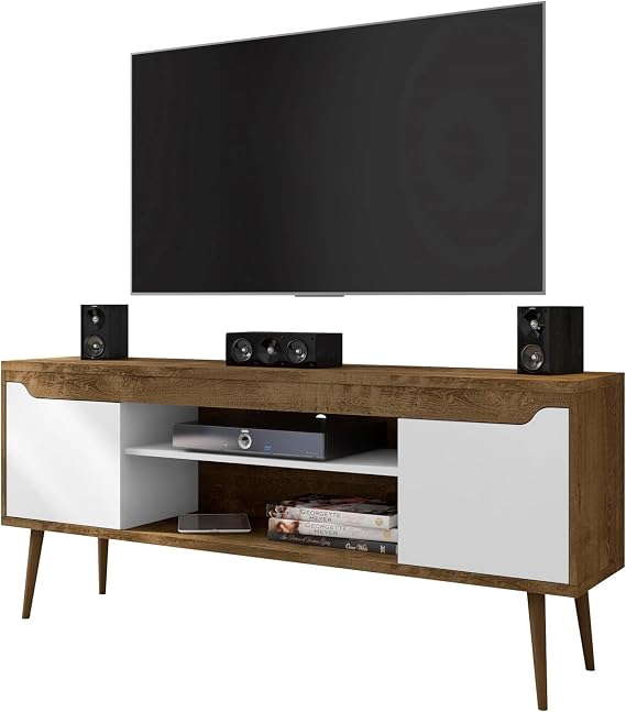 Manhattan Comfort Bradley Mid Century Modern TV Stand for Televisions up to 60 Inches, Living Room Entertainment Center with Storage, Media Shelves and Soft Close Doors, Rustic Brown/White