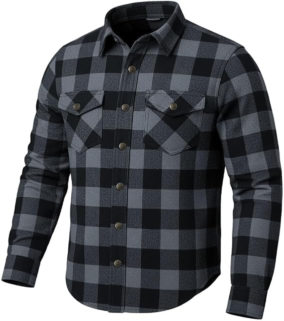 Jackets 4 Bikes PERFORMER Armored Motorcycle Flannel Shirt for Men CE Armor, Hidden Utility Pockets Ventilated Flannel Gray S