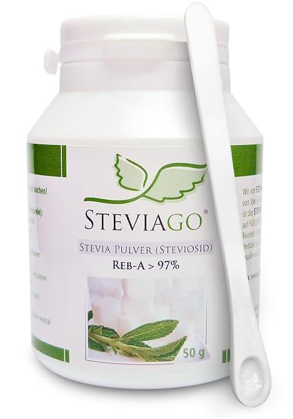 STEVIAGO Stevia Powder (Stevioside) Extract of 100% Stevia of which min. 97% Reb-A 50g with Dosing Spoon