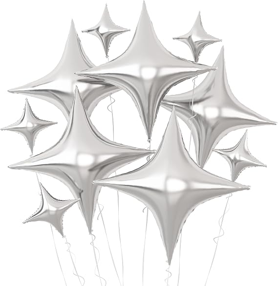 GRESATEK Silver Foil Star Balloons,10Pcs Quadrangle Star Balloons,Four Angle Star Shaped Helium Mylar Balloons for Brithday,Engagement,Graduation,Wedding Party Decorations