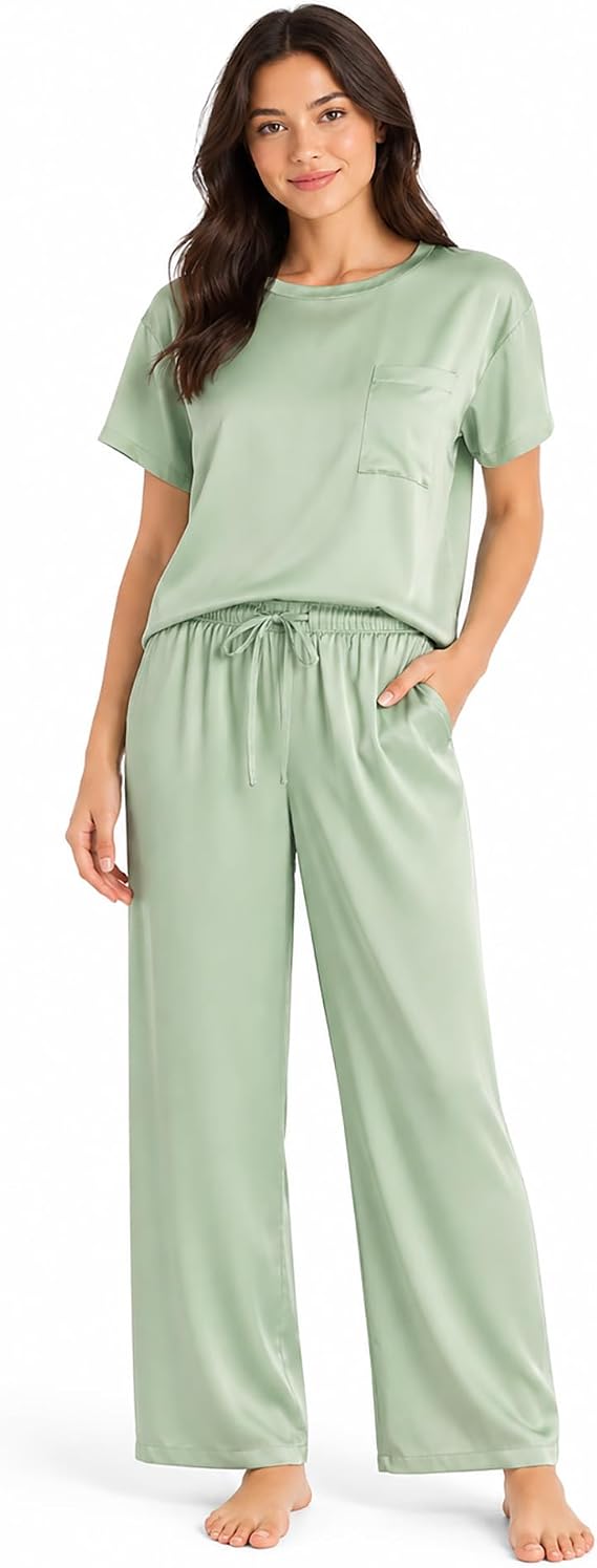 Joyaria Womens Cooling Matte Satin Pajamas Set Short Sleeve Long Pants PJs