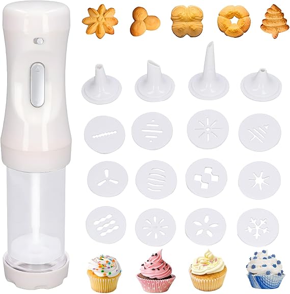 Cookie Press, Cookie Maker Cookie Press Gun with 4 Piping Tips and 12 Cookie Discs, Biscuit Extruder Press Cookie Gun Kit, DIY Biscuit Maker for Making and Decorating Cookies, 30.2x7.1cm