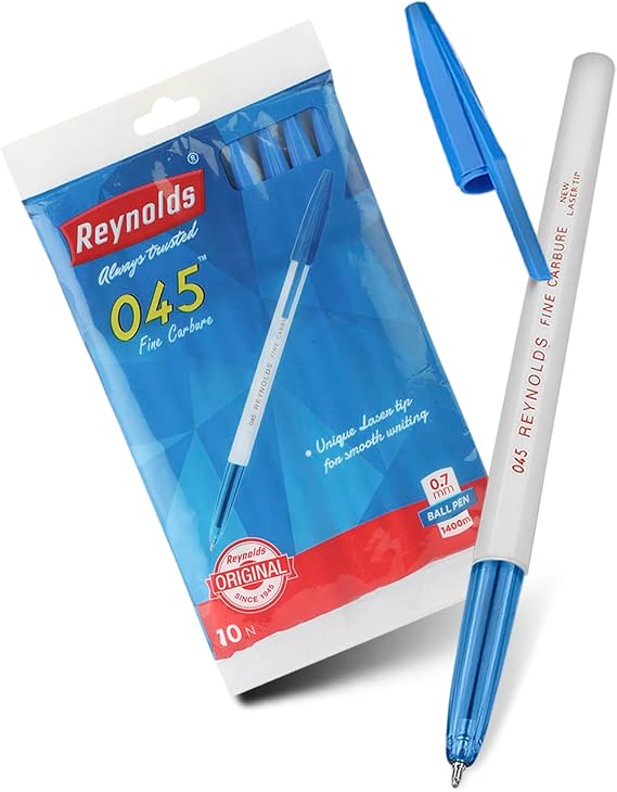 Reynolds 045 - BLUE (PACK OF 10) I Lightweight Ball Point Pen With Comfortable Grip for Extra Smooth Writing I School and Office Stationery | 0.7mm Tip Size