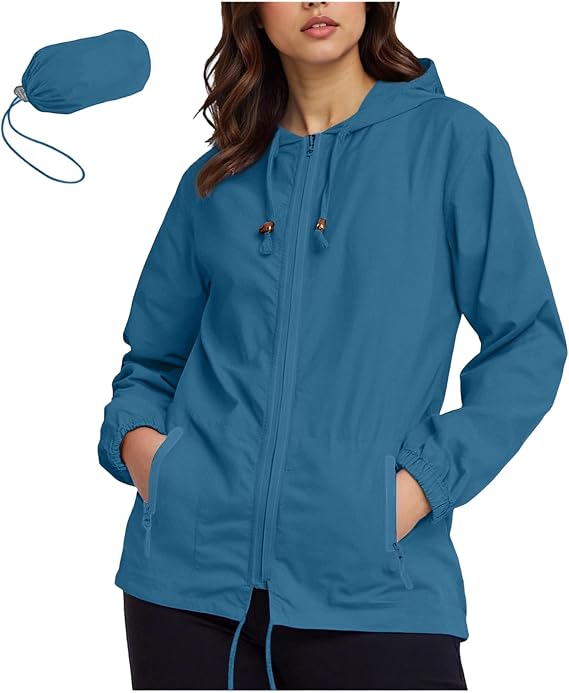 YMADREIG Womens Lightweight Rain Jacket Packable Waterproof Rain Coats Active Outdoor Hooded Raincoat Portable Windbreaker