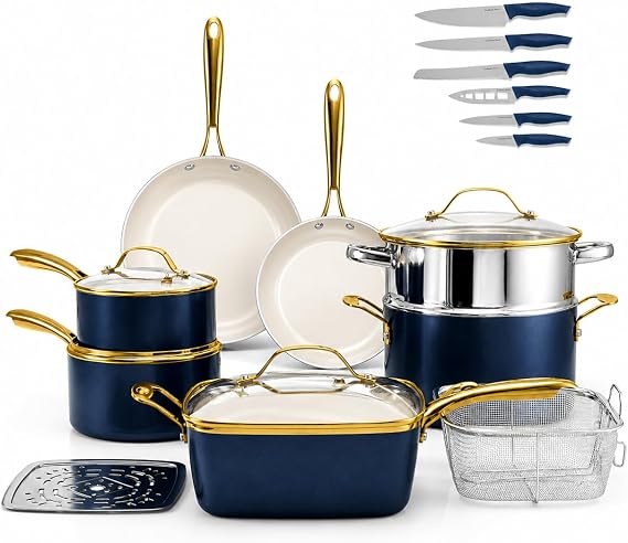 Gotham Steel 20pcs Pots and Pans Set Non Stick Ceramic Cookware Set with Deep Frying Pan Set & 6pc Knife Set, Improved Ti-Cerama Coating Made without PFOA PFOS Lasts 2x Longer, Oven & Dishwasher Safe