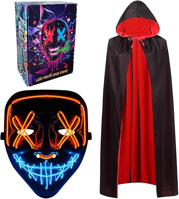 Vampire Cape, LED Halloween Mask 150CM Cloak Cosplay Costume Halloween Decorations Reversible Cape with Hood Party Fancy Dress Outfit Light up Mask for Adults Carnival