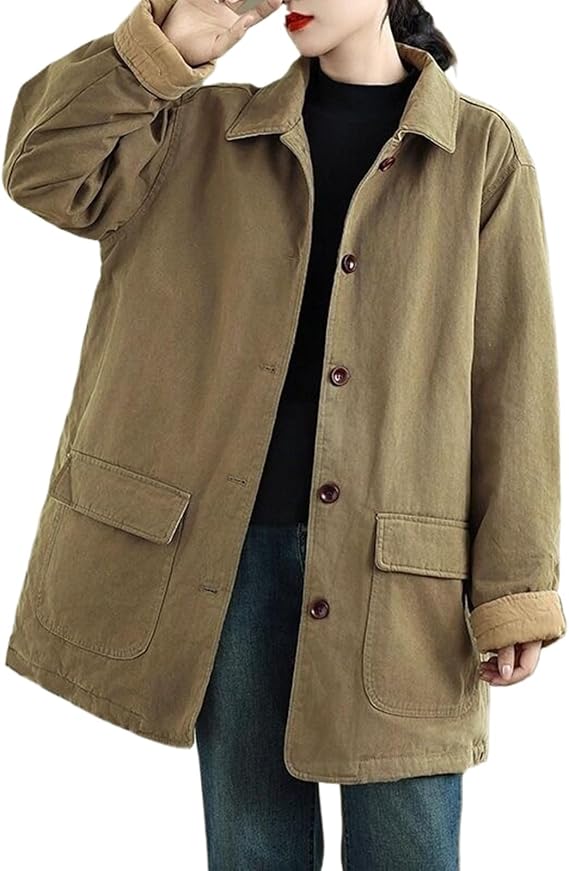 Winter Cotton Padded Work Jacket for Women,Vintage Mid-Length Coat