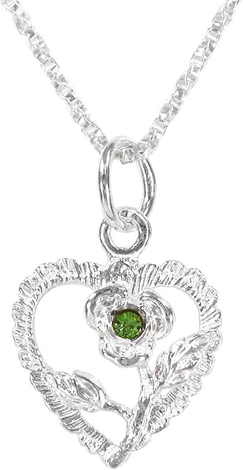 Sterling Silver Heart & Rose Necklace, August Light Green, 18"