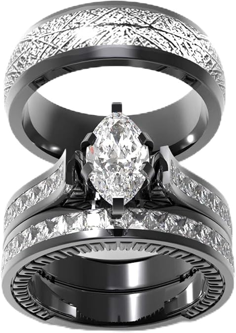 TWO RINGS His Hers Wedding Ring Sets Couples Rings Women's 10k Yellow Gold Filled White CZ Wedding Engagement Ring Bridal Sets & Men's Titanium Wedding Band