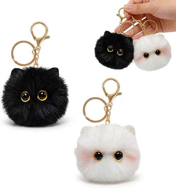 2 Pcs Cat Keyring,Plush Keyrings Cat-Shape Pom Pom Plush Cute Girl Keychain | Fluffy Cats Bag Charm Pendant,Valentine's Day Christmas Birthday Gift for Women,for Handbags Backpacks Cars (Black & White)