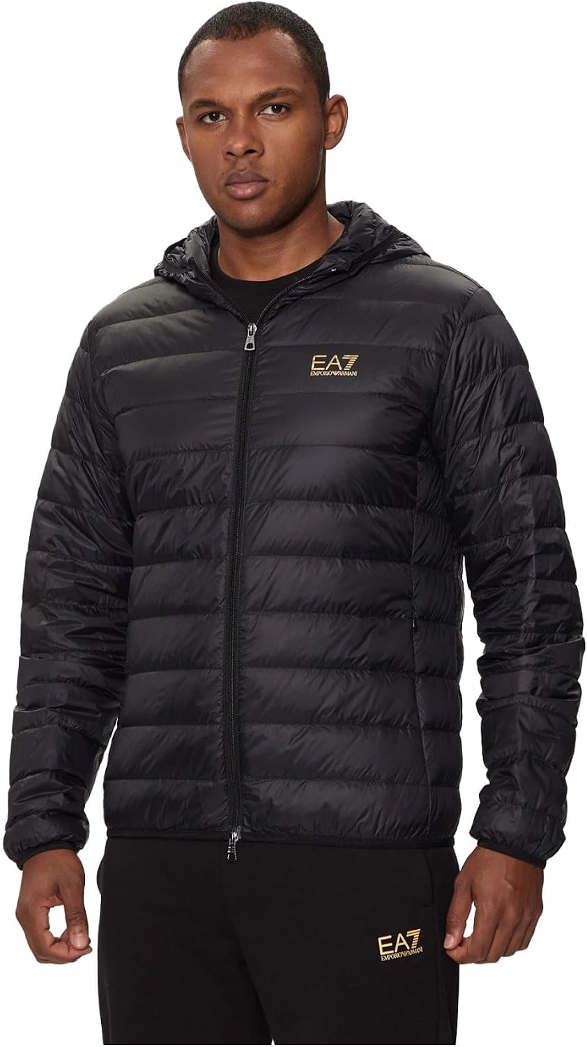 EA7 Men's Woven Down Jacket, Black/Gold
