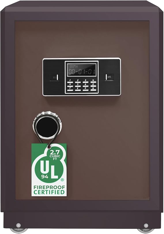 EconoHome Home Safe Heatproof Up to 1700F - 2.7 Cu. Ft Interior Capacity with Smart Lock System, Master Key - Wall-Mounted Steel Fire Proof Safe for Home Documents, Cash, Jewelry, Documents, Brown