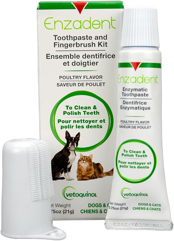 Vetoquinol Enzadent Enzymatic Toothpaste Kit + Fingerbrush for Cats & Dogs .75oz, Poultry Flavor Oral Dental Care Kit: Removes Plaque, Polishes Teeth & Freshens Breath