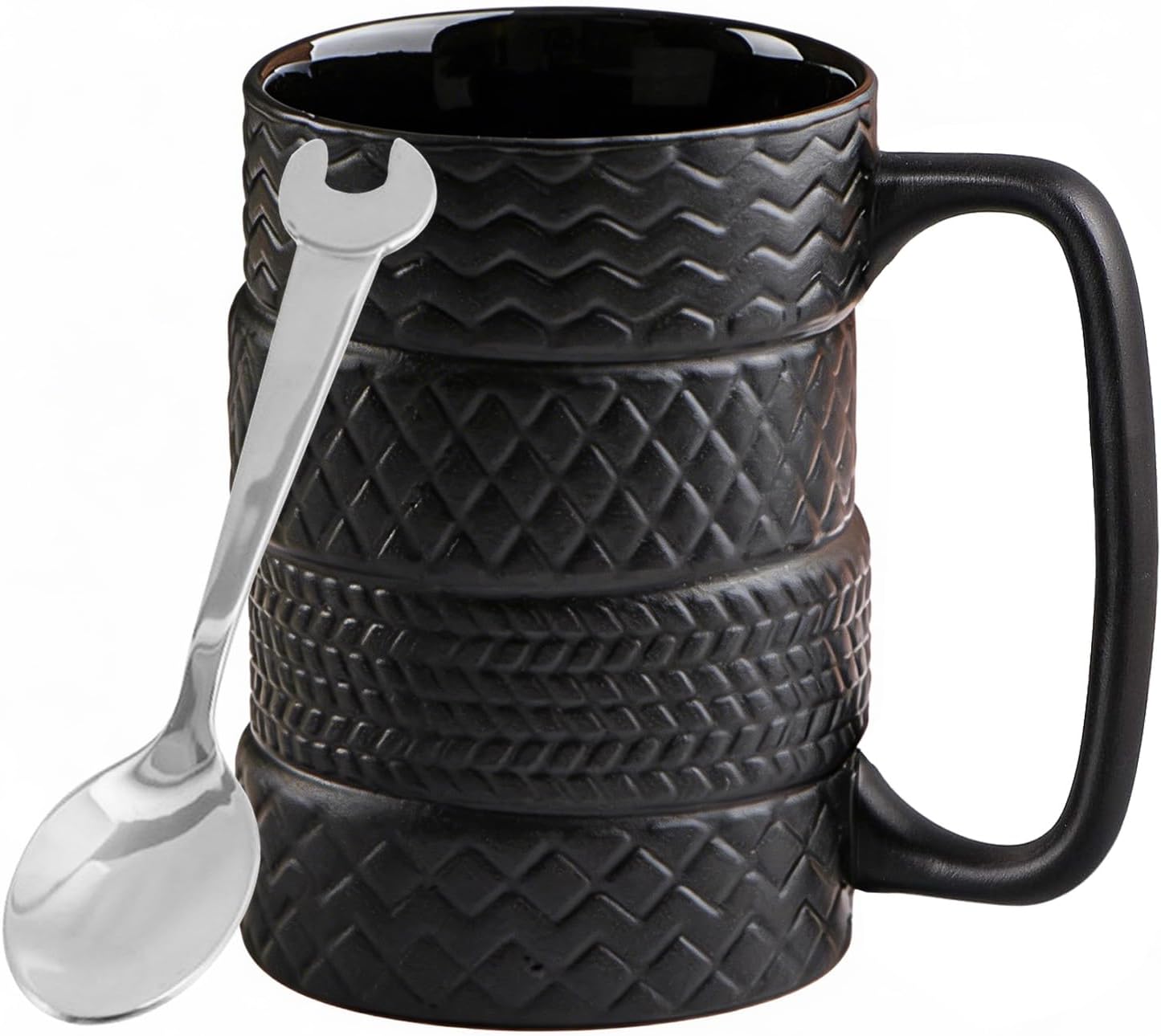 3D Tyre Coffee Mug with Spoon and Handle, 500 ml Large Mug Funny Gifts for Men Craftsmen Electricians Boss Car Lovers Mechanics Motorcyclists for Birthday Father's Day (Black 03)