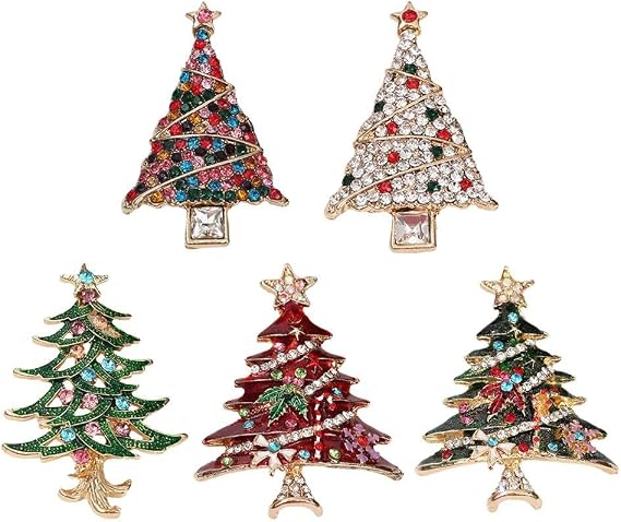 5Pcs Christmas Pins and Brooches, Christmas Tree Brooch Multicolor Crystal Rhinestone Xmas Pin Scarf Shawl Clip for Women