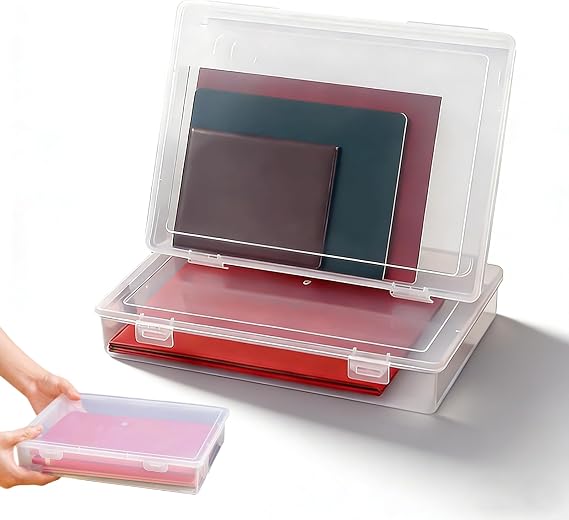 A4 Size Transparent Portable File Box, 2 PCS Clear Plastic Storage Boxes with Lids Stackable Document Paper Project Case Organiser for Stationery Craft Certification