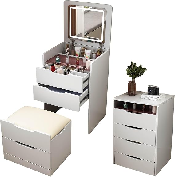 3 in 1 Vanity Desk with Plip Top Mirror, Small Vanity Desk Set with Storage Chair, Compact Makeup Vanity Desk with Visible Glass Desktop, for Bedroom, Apartment, Cloakroom, White (Basic)