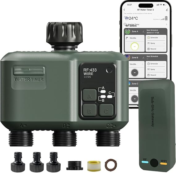 3 Çıkışlı WiFi Sulama Kontrol Ünitesi, RF 433 Teknolojisi 500M, Bahçe Bilgisayar Sulama Zamanlayıcısı, Yağmur Gecikmeli Programlanabilir Bahçe Su Zamanlayıcısı, Otomatik ve Manuel Sulama Modu
