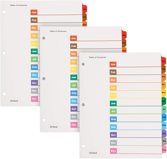 Oxford OneStep Binder Dividers, Dividers for 3 Ring Binder, Monthly Divider Sets, 12 Tabs, Jan-Dec, Customizable Table of Contents, Reversible Multicolor Tabs, 3 Sets (89401)