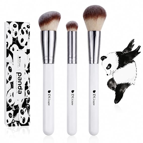 DUcare Foundation Contour Blush Conceal Brush Set, 3PCS Angled Synthetic Kabuki Brush for Blending Setting Buffing with Liquid, Cream and Powder Cosmetic (White)