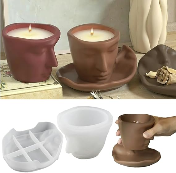 Abstract Face Cup Coaster Silicone Resin Cement Mold for Planter Candle Jar
